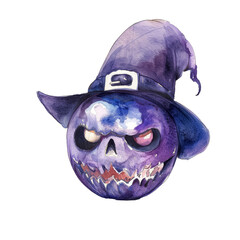 Wall Mural - A purple pumpkin with a scary face and a purple hat