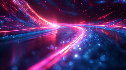 Speed of light in galaxy. Abstract modern background in blue and purple neon glow colors on black.