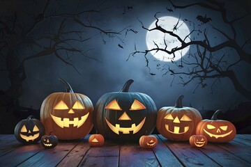 scary halloween dark background on wood with jack o lanterns during midnight with moon light