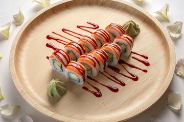 Wall Mural - sushi with sauce and wasabi on wood plate