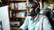© ArtistryAxis - Businessman of African descent, wearing headphones, studying online webinar, focused expression, professional workspace, detailed, bright lighting