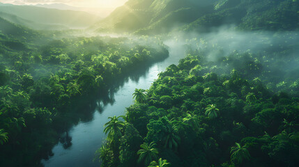 Wall Mural - Green beautiful amazonian jungle landscape with trees and river, drone view