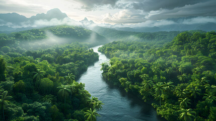 green beautiful amazonian jungle landscape with trees and river, drone view