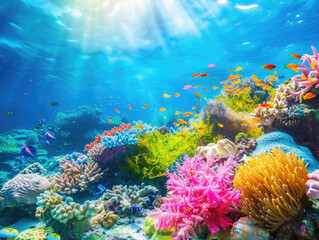 Wall Mural - Vibrant Underwater Coral Reef with Colorful Marine Life