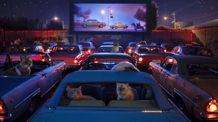 Wall Mural - a drive in movie theater where cars of cats and dogs watch the movie --ar 16:9 --style raw --stylize 50 Job ID: 68b1f574-2b33-48ac-9abc-7d33270a4905