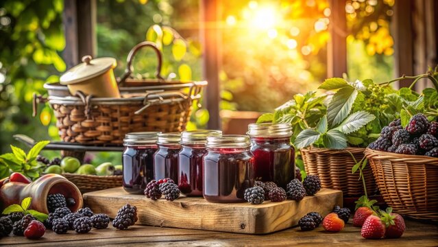 Blackberry Jam In Glass Jars And Fresh Berries On A Wooden Table In The Garden.