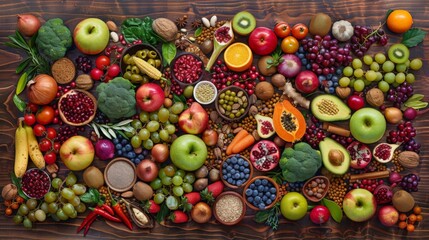 A large group of multicolored fresh fruits, vegetables, cereals and spices shot from above on wooden background