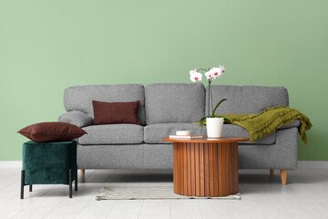 Wall Mural - Stylish grey sofa, ottoman and coffee table near green wall