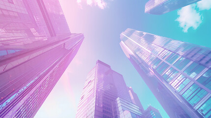 Wall Mural - Futuristic Cityscape: Modern Skyscrapers with Trendy Glitch Effect on Blue Sky Background - Illustration for Architecture Concepts