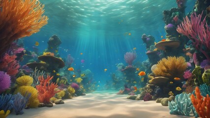 Wall Mural - A colorful underwater scene with many fish swimming around. The fish are of various colors, including orange, yellow, and blue. The scene is lively and vibrant