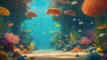 A colorful underwater scene with many fish swimming around. The fish are of various colors, including orange, yellow, and blue. The scene is lively and vibrant