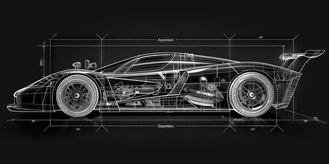 aggressive sports car, technical drawing - concept car design plans on black background