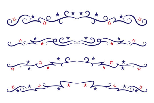 4th of July lettering header Ornate swirls, patriotic red stars, and blue Elegant fancy separators Decorative Elements, American Independence Day Calligraphy Flourishes text dividers