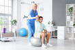 © Pixel-Shot - Female physiotherapist working with young man on fitball in rehabilitation center