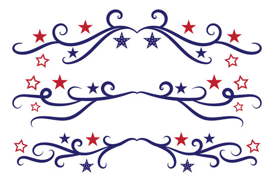 4th of July lettering header Ornate swirls, patriotic red stars, and blue Elegant fancy separators Decorative Elements, American Independence Day Calligraphy Flourishes text dividers