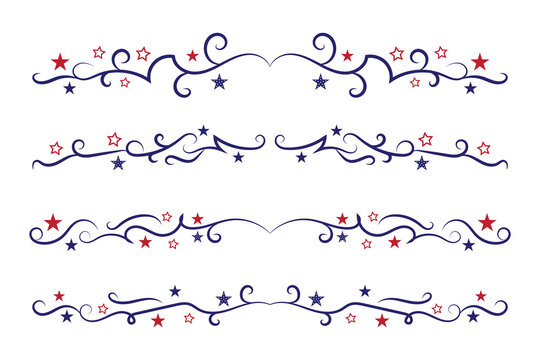 4th of July lettering header Ornate swirls, patriotic red stars, and blue Elegant fancy separators Decorative Elements, American Independence Day Calligraphy Flourishes text dividers