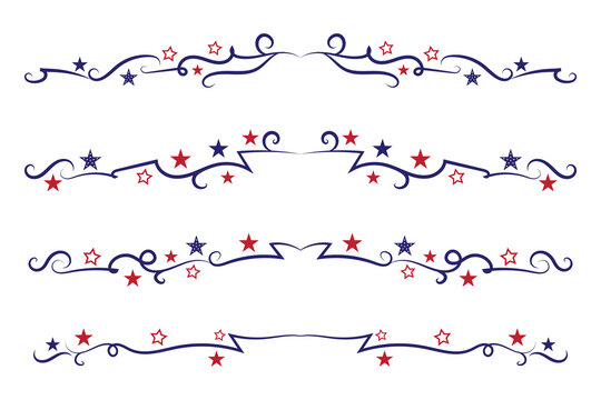 4th of July lettering header Ornate swirls, patriotic red stars, and blue Elegant fancy separators Decorative Elements, American Independence Day Calligraphy Flourishes text dividers