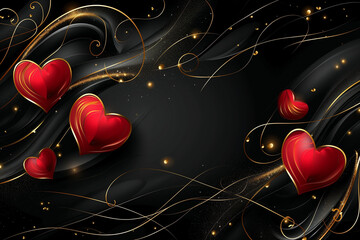 Wall Mural - creative black background with red hearts and a pattern of golden curls,design and advertising concept, for Valentine s Day


