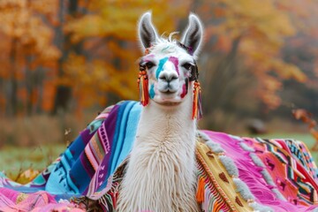 Wall Mural - A colorful llama is sitting on a blanket with a colorful scarf around its neck