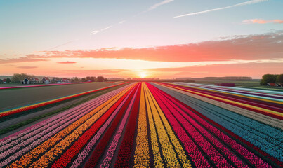 Wall Mural - Beautiful colorful tulip fields in the Netherlands, aerial view
