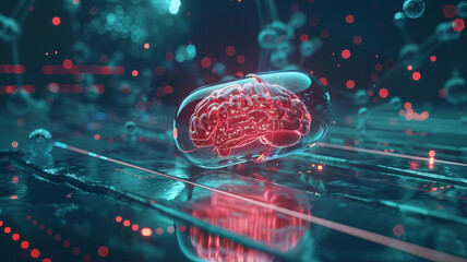 Wall Mural - Futuristic Brain in Capsule Illustrating Advanced Neuroscience. Concept pill with AI technology for IQ people.