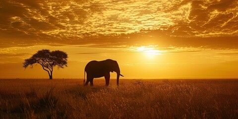 Wall Mural - machine generated photo of the open african landscape - safari concept with elephant in the grasslan