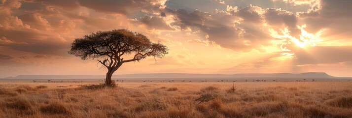 Wall Mural - machine generated photo of the open african landscape - safari concept with tree in the grasslands