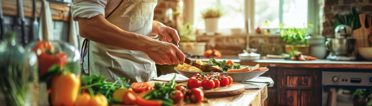 Chef, apron, preparing a vibrant vegetable stir-fry with locally sourced ingredients in a cozy farmhouse kitchen, showcasing eco-friendly food production Photography, Rembrandt Lighting, Vignette