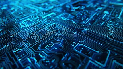Poster - Futuristic 3D blue cyber background with interconnected circuit chips.