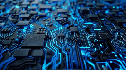 Poster - 3D cyber background with blue circuit chips, creating a futuristic digital landscape.