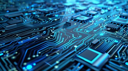 Poster - Blue circuit chips in a 3D cyber design, highlighting a high-tech digital network.