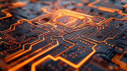 Poster - Futuristic 3D orange cyber background with glowing circuit chips and a bold design.