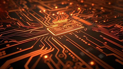 Poster - 3D cyber background with orange circuit chips, featuring a dynamic and futuristic design.