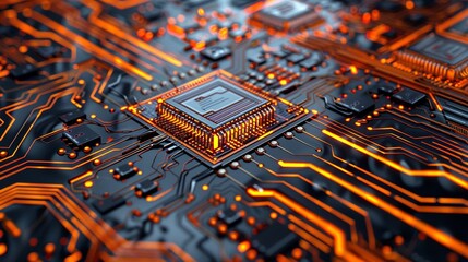 Poster - 3D orange cyber background with interconnected circuit chips, creating a vibrant digital landscape.