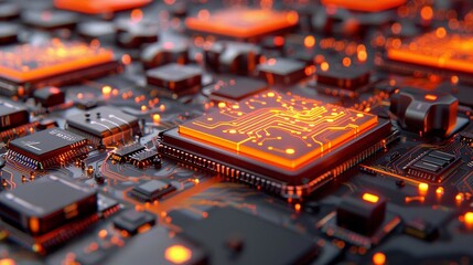 Poster - Orange circuit chips in a 3D cyber design, highlighting a vibrant and high-tech environment.