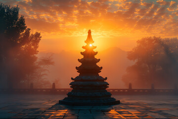 Wall Mural - Photo of a Buddhist stupa at sunrise