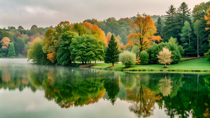 Wall Mural - Beautiful autumn landscape, the lake in the morning fog