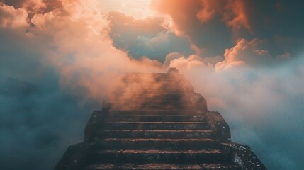 Wall Mural - Stairway leading into clouds in a dreamy sky representing ascension and mystery with warm sunlight