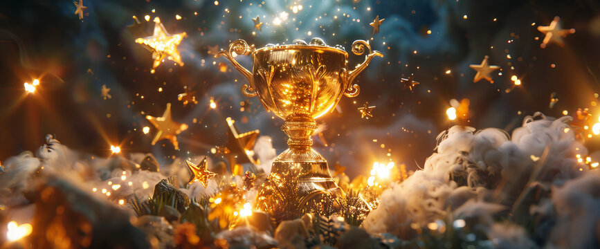 Champion golden trophy with gold stars on beauty shine background, winner banner.
