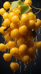Wall Mural - yellow cherries flying, falling in the air. juicy garden berries froze in flight. levitation.
