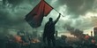 © Ellionn - Man waves red revolution flag amid war torn cityscape. Smoke and fire rise from ruins of destroyed buildings. Rebellion and struggle concept. Conflict zone. Resistance symbol. Fire and smoke.