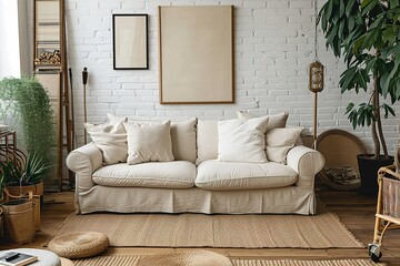 living room with beige comfortable sofa