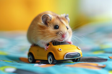 closeup of adorable playful hamster riding a yellow tiny toy car, on a bright blurred background