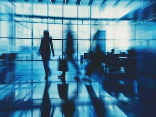 Wall Mural - Blurred silhouette of office employees in business building room. Dark Blue colors horizontal business wallpaper with silhouettes in motion. Generative AI time-lapse photo imitation