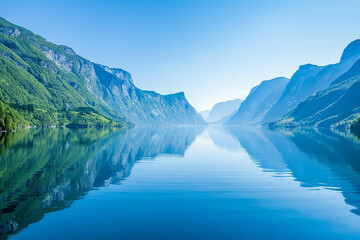 Wall Mural - Stunning view of the Norwegian fjords, clear blue sky, lake with mountain reflections, early morning, peaceful atmosphere, beautiful nature photography. The lake reflection was in the style of Ansel A