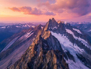 Wall Mural - Beautiful mountain range at sunrise, aerial view of the French Alps in summer with sharp peaks and snowcapped mountains. Landscape photography with golden light, pink sky, warm tones, dramatic, stunni