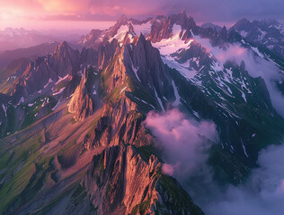 Beautiful mountain range at sunrise, aerial view of the French Alps in summer with sharp peaks and snowcapped mountains. Landscape photography with golden light, pink sky, warm tones, dramatic, stunni