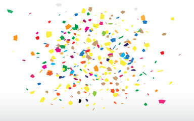 Wall Mural - Confetti Celebration. Celebration or festival colorful background template with falling paper confetti and ribbons