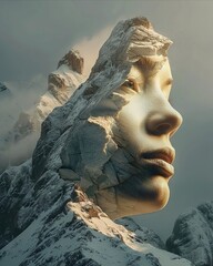 Wall Mural - A woman's face is shown in front of a mountain.