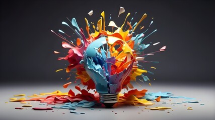 Wall Mural - An inventive technique to create a colorful light bulb explosion using paint and shards. Concept, think in a new way. Innovation, business, and the development of new technologies